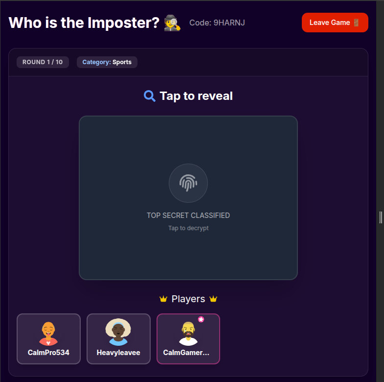 Online imposter game gameplay screen showing players asking clever questions in this imposter word game online, guess the imposter game online with friends