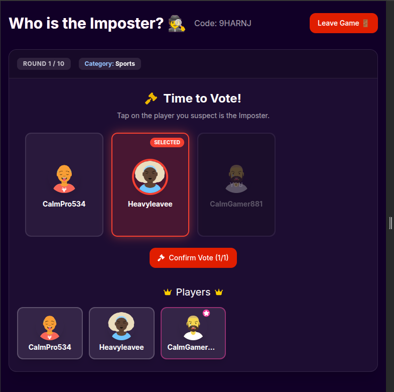 Vote status screen in Partyfull imposter game online with friends, showing real-time results as everyone tries to guess the imposter in this online imposter game