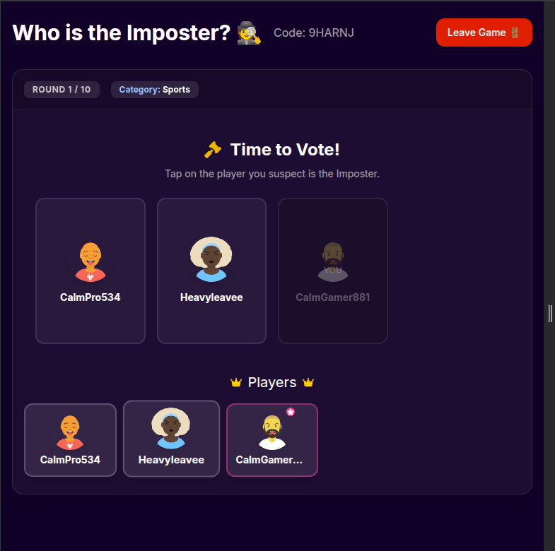 Voting round in this imposter game online free, players cast votes to eliminate who they think is the secret word imposter game online suspect