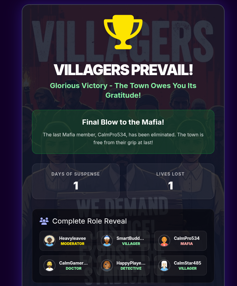 Game over screen in mafia the party game showing whether the Mafia or the Town won this unforgettable mafia party game with friends online