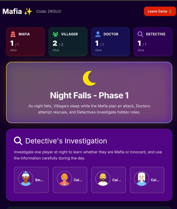 Detective night action in Partyfull mafia party game roles, the Detective investigates a suspect to uncover hidden Mafia members in this game mafia round