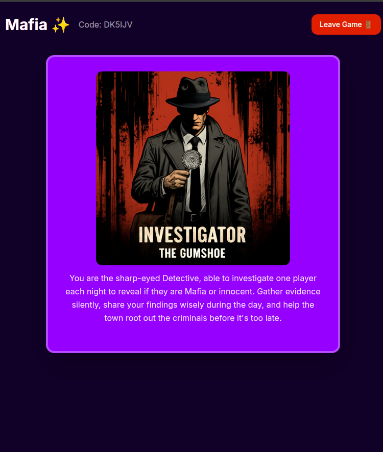 Role reveal phase in the mafia party game, players secretly discover if they are Mafia, Doctor, or Detective in this classic party game mafia setup