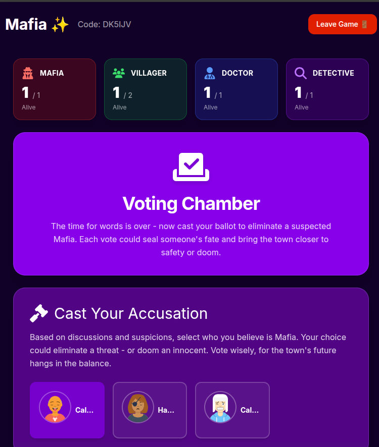 Voting phase in game mafia on Partyfull, the town casts votes to eliminate a suspected Mafia member in this live mafia party game roles showdown