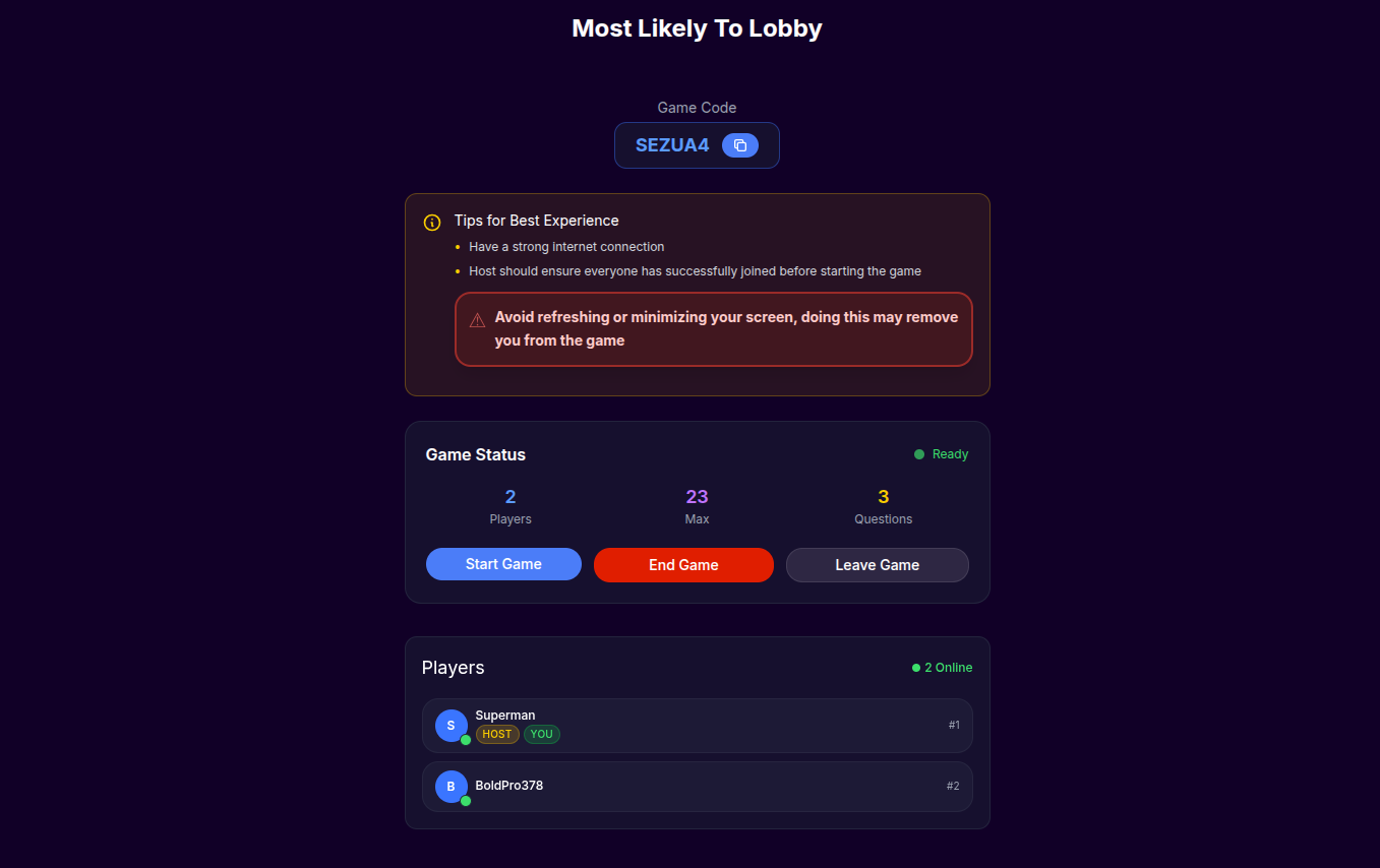 Most likely online game lobby screen, join the who's most likely game using a game code, the easiest whos the most likely to game to play with any group