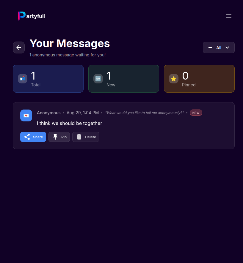 Secret messages website dashboard showing all received anonymous messages. See every secret message and anonymous message sent to you in one place