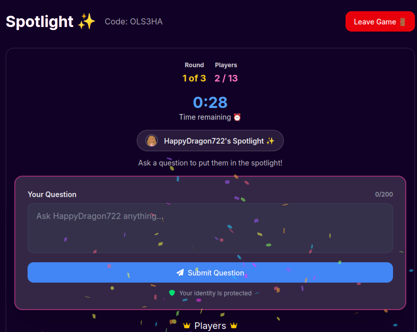Spotlight game online answer reveal showing who matched the spotlight player. Discover what your friends really think in this spin the bottle online party game