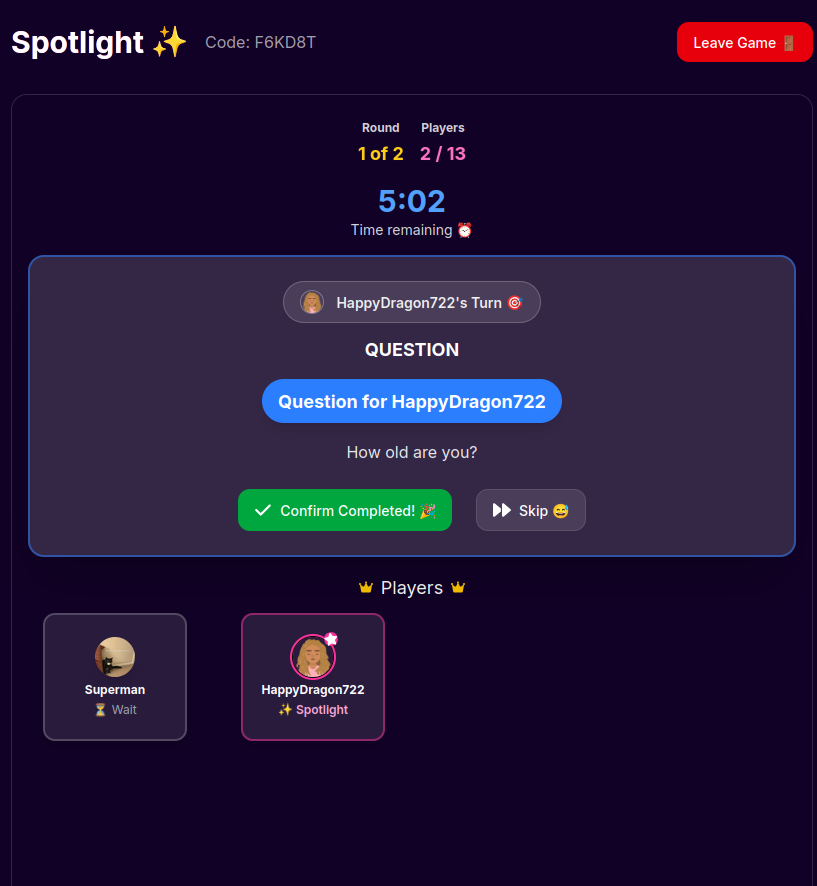 Spotlight game online final scores screen, see who knows the spotlight player best after a full round of this addictive spin the bottle online party game