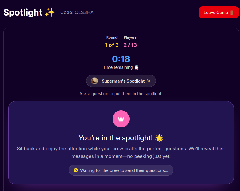 Spotlight game gameplay screen with players answering questions about the person in the hot seat, a fun spin the bottle game alternative for any group