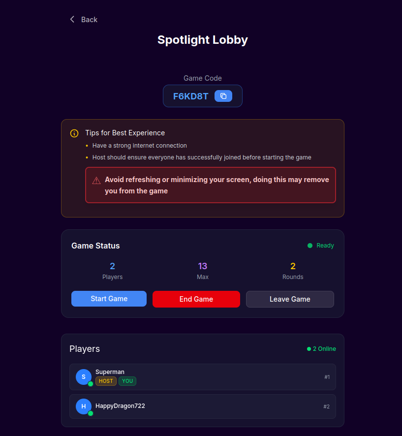 Spotlight game online lobby where players join using a game code before the round begins, no download needed, works like a digital spin the bottle online