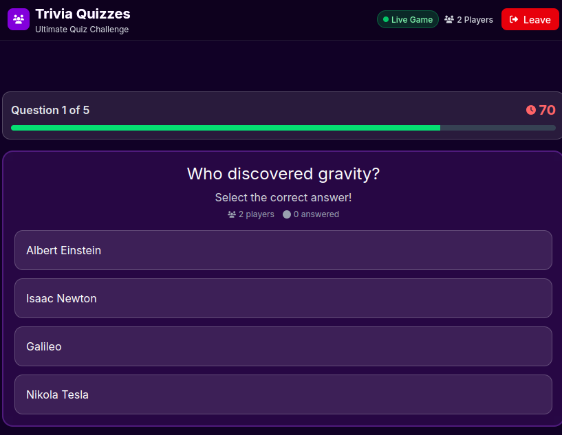 Trivia games online quiz round with a countdown timer and multiple-choice answers, test your knowledge against friends in real time