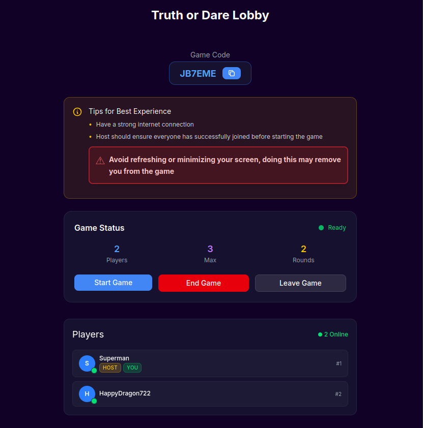 Online game truth or dare lobby screen where players join a good truth or dare game using a game code, perfect for sleepovers and group nights