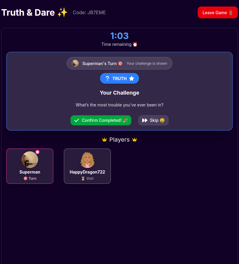 Truth or dare questions game screen showing truth or dare game questions for friends. Answer honestly or take the dare in this good truth or dare game