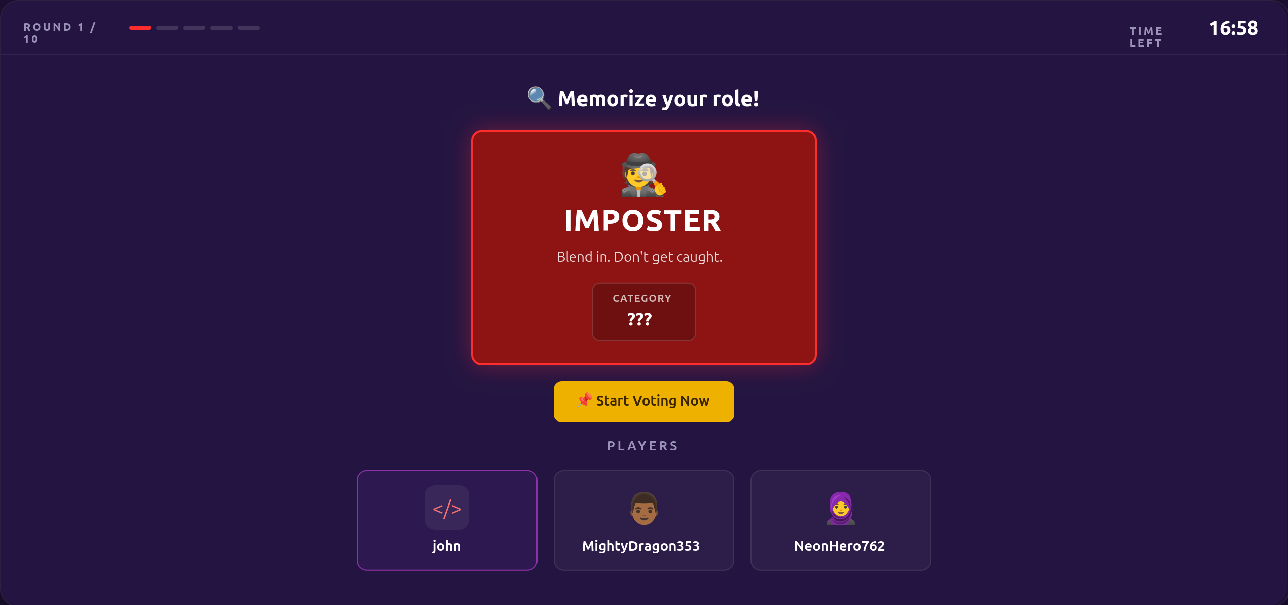 Imposter game screen showing players asking questions to uncover the hidden imposter who doesn't know the secret location