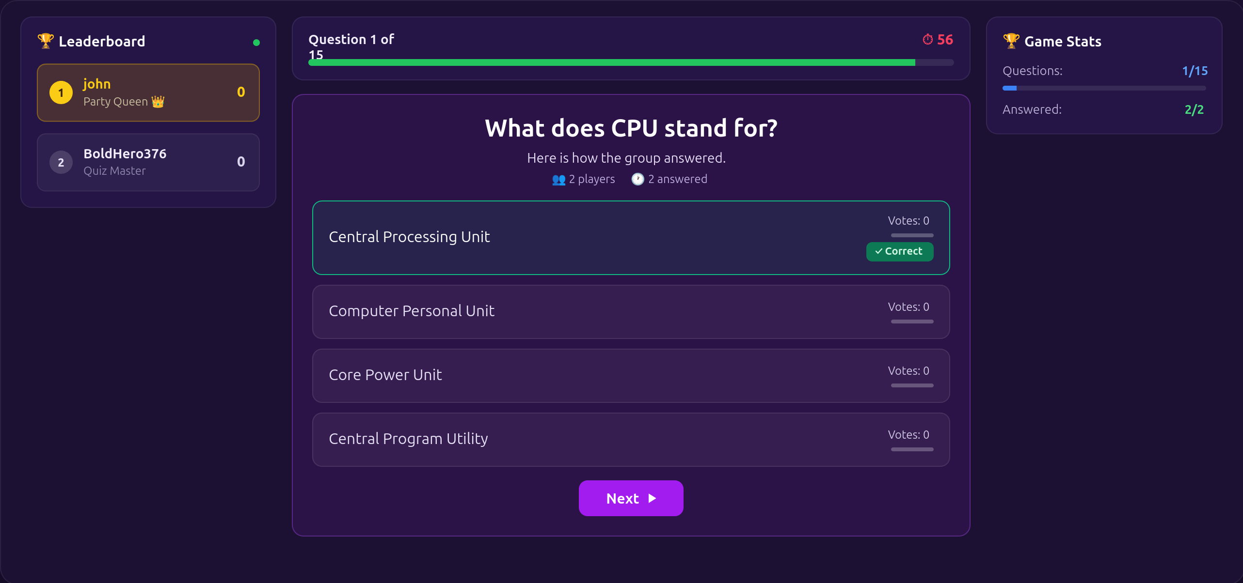 Trivia Quizzes game screen displaying multiple-choice questions for players competing at a party