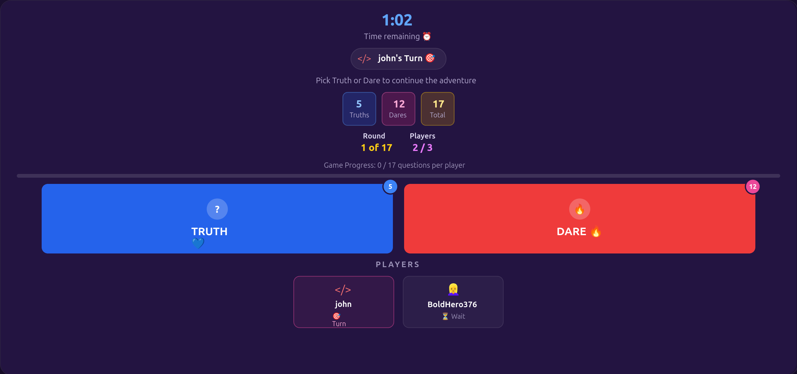 Truth or Dare game screen showing a player choosing between a truth question and a dare challenge on Partyfull